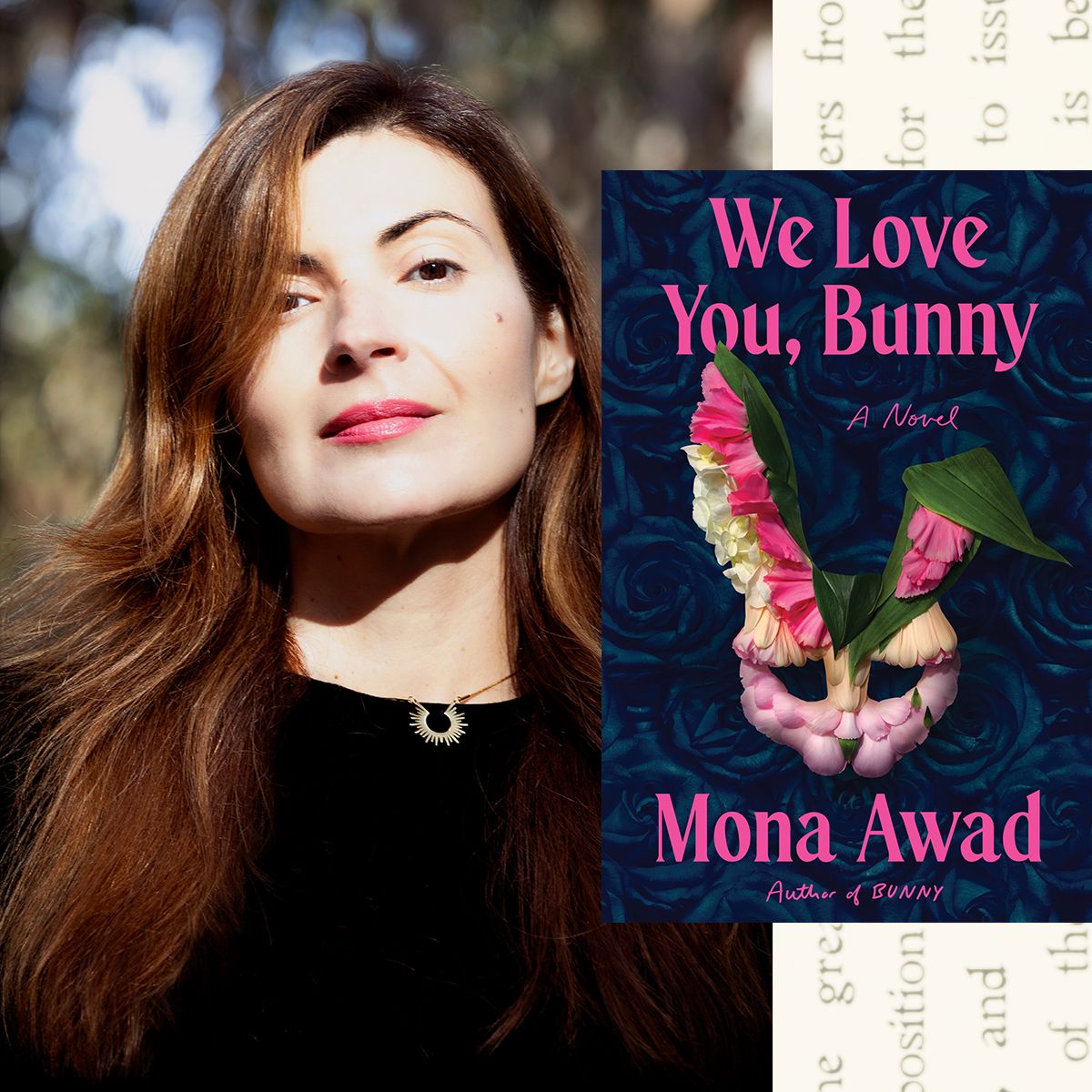 a split image of author mona awad and the cover of her book we love you bunny with an image of a rabbit made out of flowers