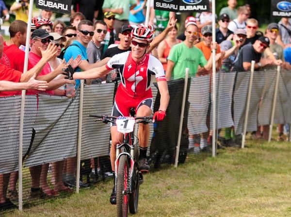 Max Plaxton (Specialized) celebrates his victory with the crowd