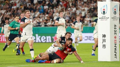 Joe Cokanasiga scored two of England’s seven tries against the United States in Kobe 