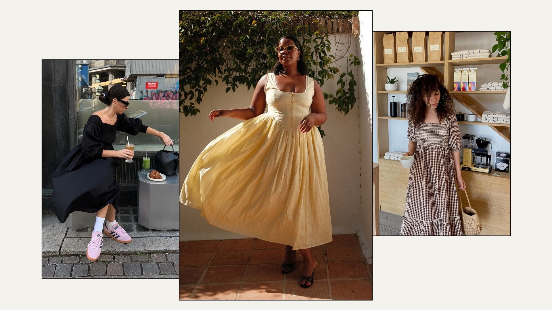 Woman wears black dress and pink trainers; woman wears yellow dress and black sandals; woman wears gingham dress and basket bag
