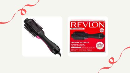 The Revlon Hair Dryer Brush Black Friday deal and the box on a pink background