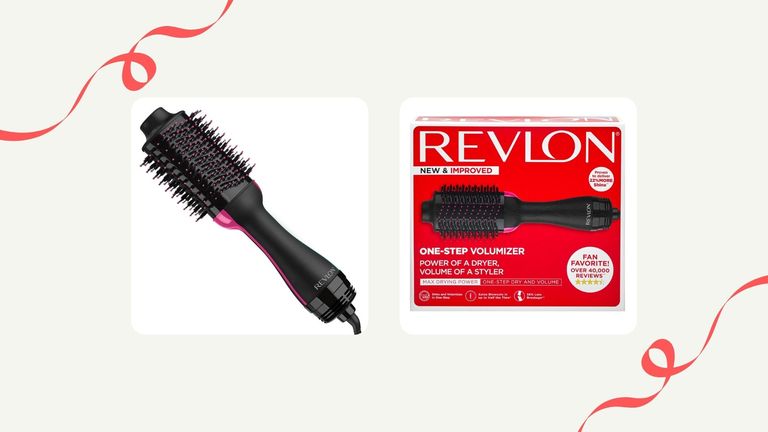 The Revlon Hair Dryer Brush Black Friday deal and the box on a pink background 