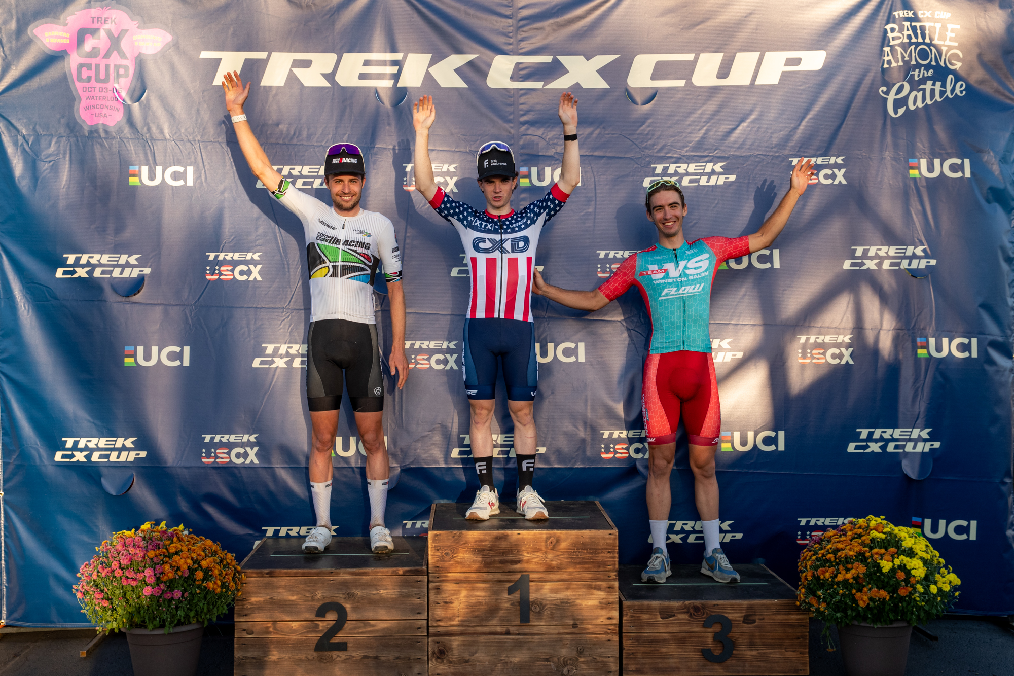 USCX 2025 elite men's podium decided after Trek CX Cup C2 race (L to R): second-placed Eric Brunner (Competitive Edge Racing), winner Andrew Strohmeyer (CXD Trek Bikes) and third-placed Jules Van Kempen (Team Winston Salem-Flow) 