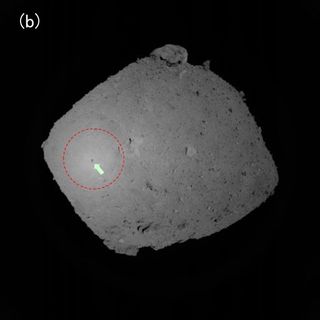 The Japanese probe Hayabusa2 cast its shadow on asteroid Ryugu in new images from the spacecraft.