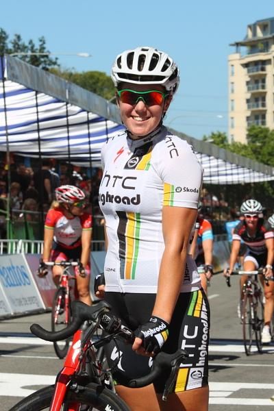 Chloe Hosking (HTC-HighRoad) smiles after her victory in the first of the two round series.