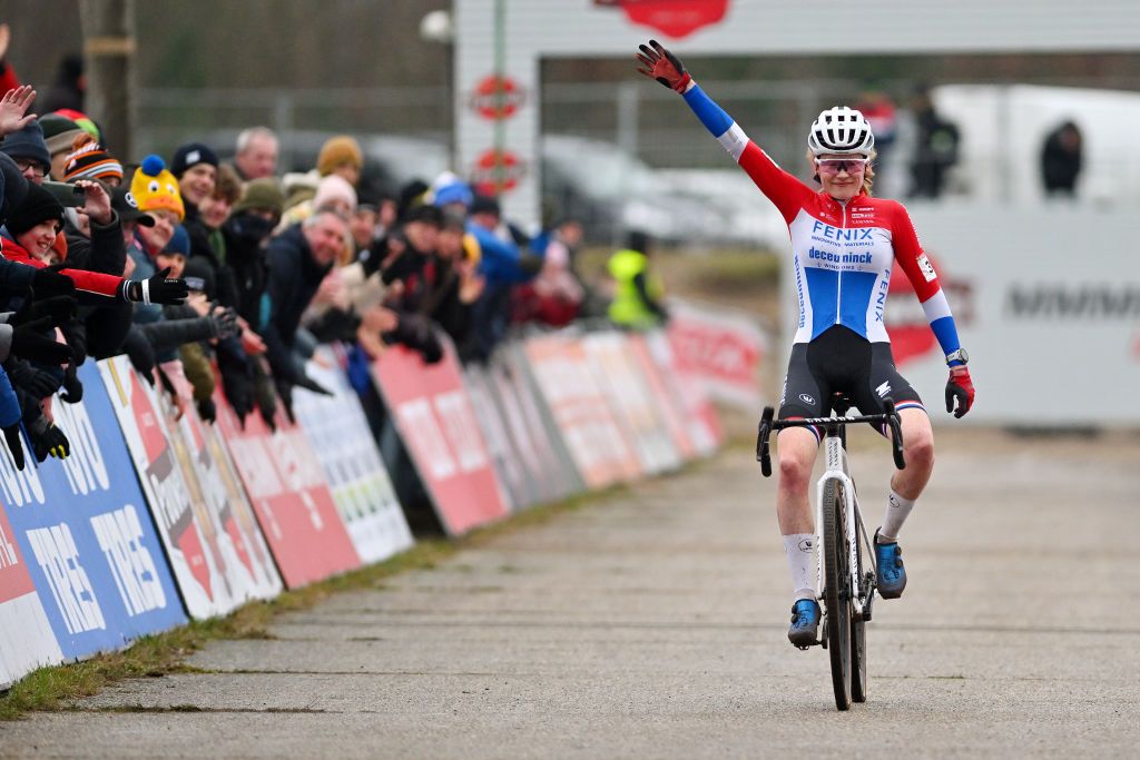 ZONHOVEN BELGIUM JANUARY 07 Puck Pieterse of The Netherlands and Team FenixDeceuninck celebrates at finish line as race winner during the 27th Zonhoven UCI CycloCross Worldcup 2024 Womens Elite on January 07 2024 in Zonhoven Belgium Photo by Luc ClaessenGetty Images