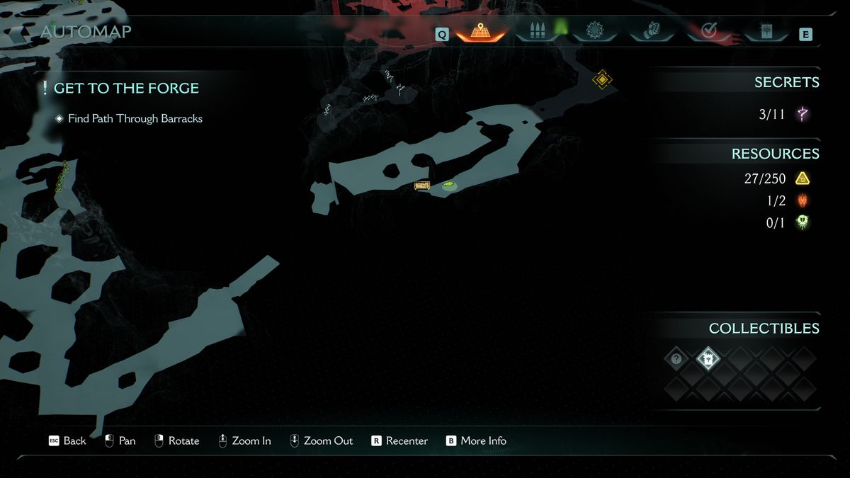 Doom: The Dark Ages Abyssal Forest secrets - A map showing a gold chest at the end of a path before a big gap.