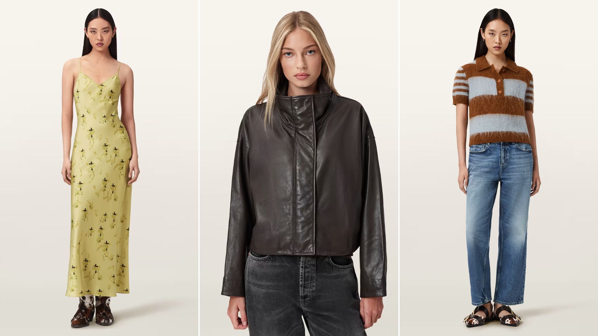 Three models wear different All Saints outfits