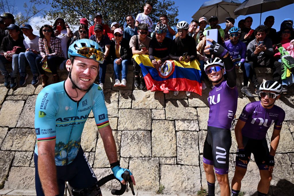 PAIPA COLOMBIA FEBRUARY 09 Mark Cavendish of The United Kingdom and Astana Qazaqstan Team meets the fans prior to the 4th Tour Colombia 2024 Stage 4 a 1818km stage from Paipa to Zipaquira on February 09 2024 in Paipa Colombia Photo by Maximiliano BlancoGetty Images