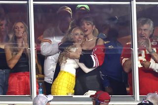 Brittany Mahomes and Taylor Swift celebrate during the first half of the game between the Kansas City Chiefs and the Denver Broncos at GEHA Field at Arrowhead Stadium on October 12, 2023.