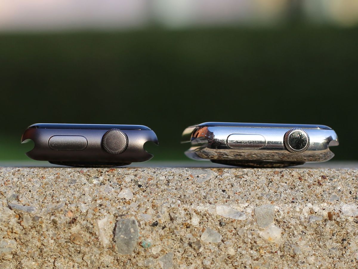 Space Black Sport case and Silver Stainless Steel case from the right
