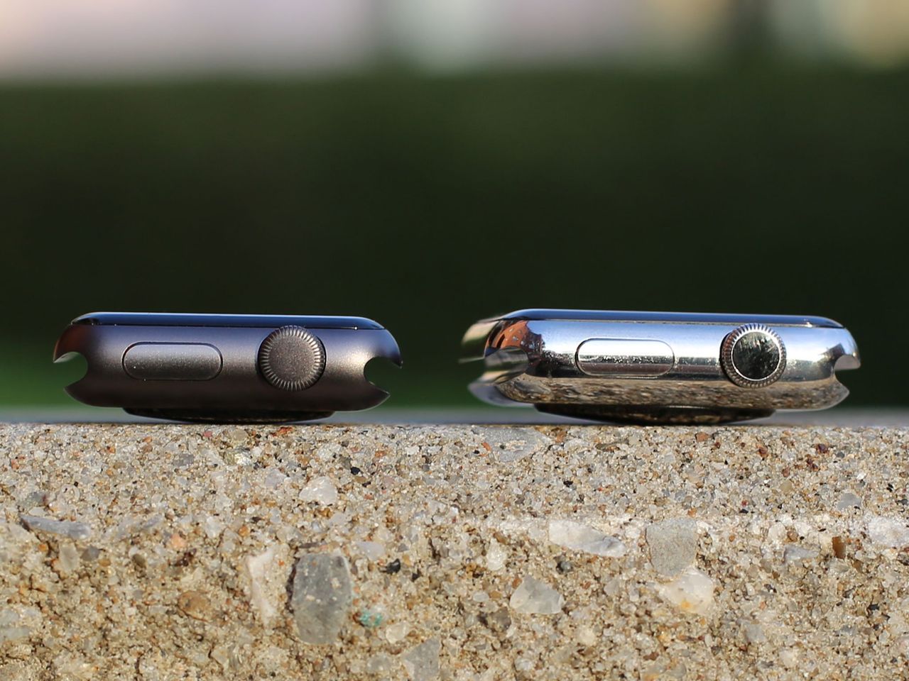 Space Black Sport case and Silver Stainless Steel case from the right
