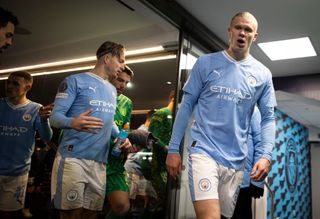 MANCHESTER, ENGLAND - NOVEMBER 28: Erling Haaland of Manchester City reacts in the tunnel at half time during the UEFA Champions League match between Manchester City and Rb Leipzig at Etihad Stadium on November 28, 2023 in Manchester, England. (Photo by Ryan Pierse - UEFA/UEFA via Getty Images)