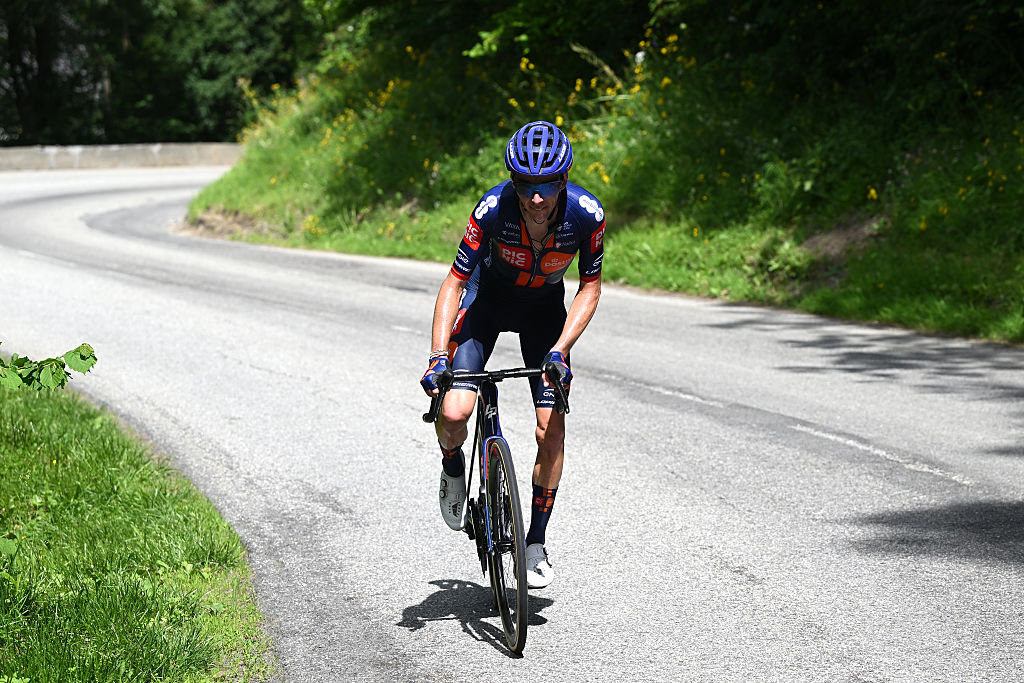 VALMEINIER 1800, FRANCE - JUNE 14: Romain Bardet of France and Team Picnic PostNL competes in the breakaway during the 77th Criterium du Dauphine 2025, Stage 7 a 131.6km stage from Grand-Algueblanche to Valmeinier 1800 (1830m) / #UCIWT / on June 14, 2025 in Valmeinier 1800, France. (Photo by Dario Belingheri/Getty Images)