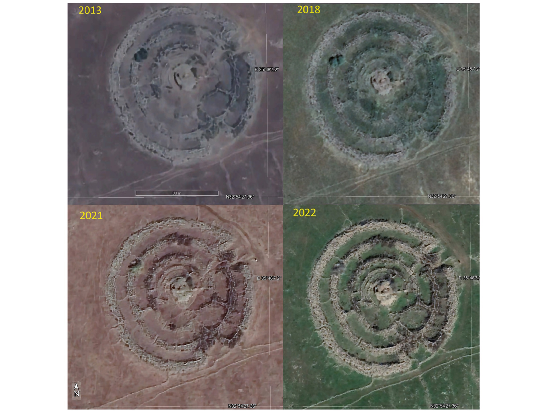 A four panel image with aerial views of Rujm el-Hiri at different times