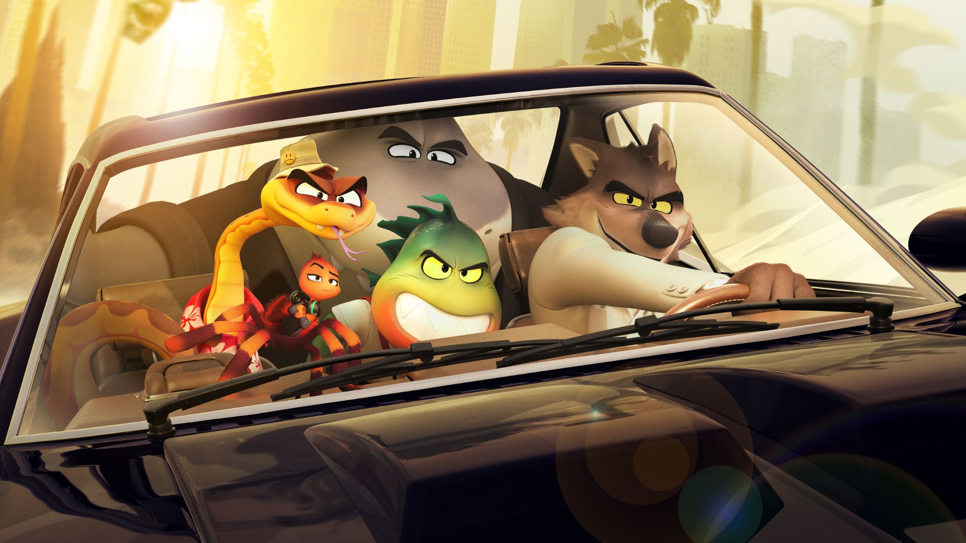 The cast of the animated movie, The Bad Guys driving a car.