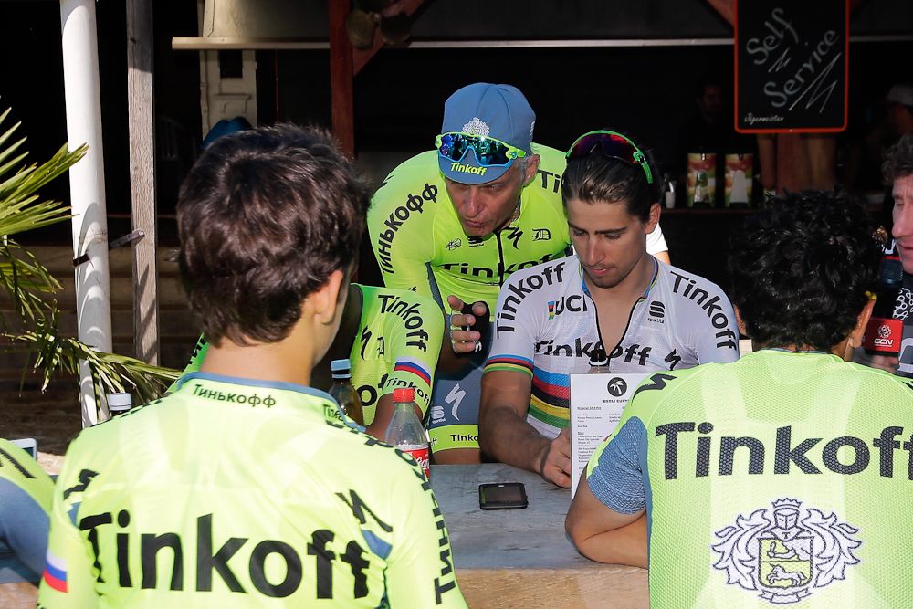 Oleg Tinkov and Peter Sagan chat during the Tour's second rest day