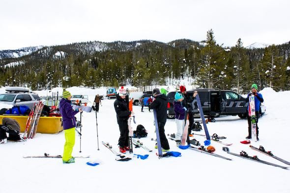 The Team getting familiar with Scott's Mountain ski line, gotta skin up to go down