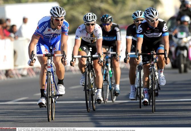 Tom Boonen wins the sprint over Heinrich Haussler and Mark Renshaw on stage 1 of the 2011 Tour of Qatar