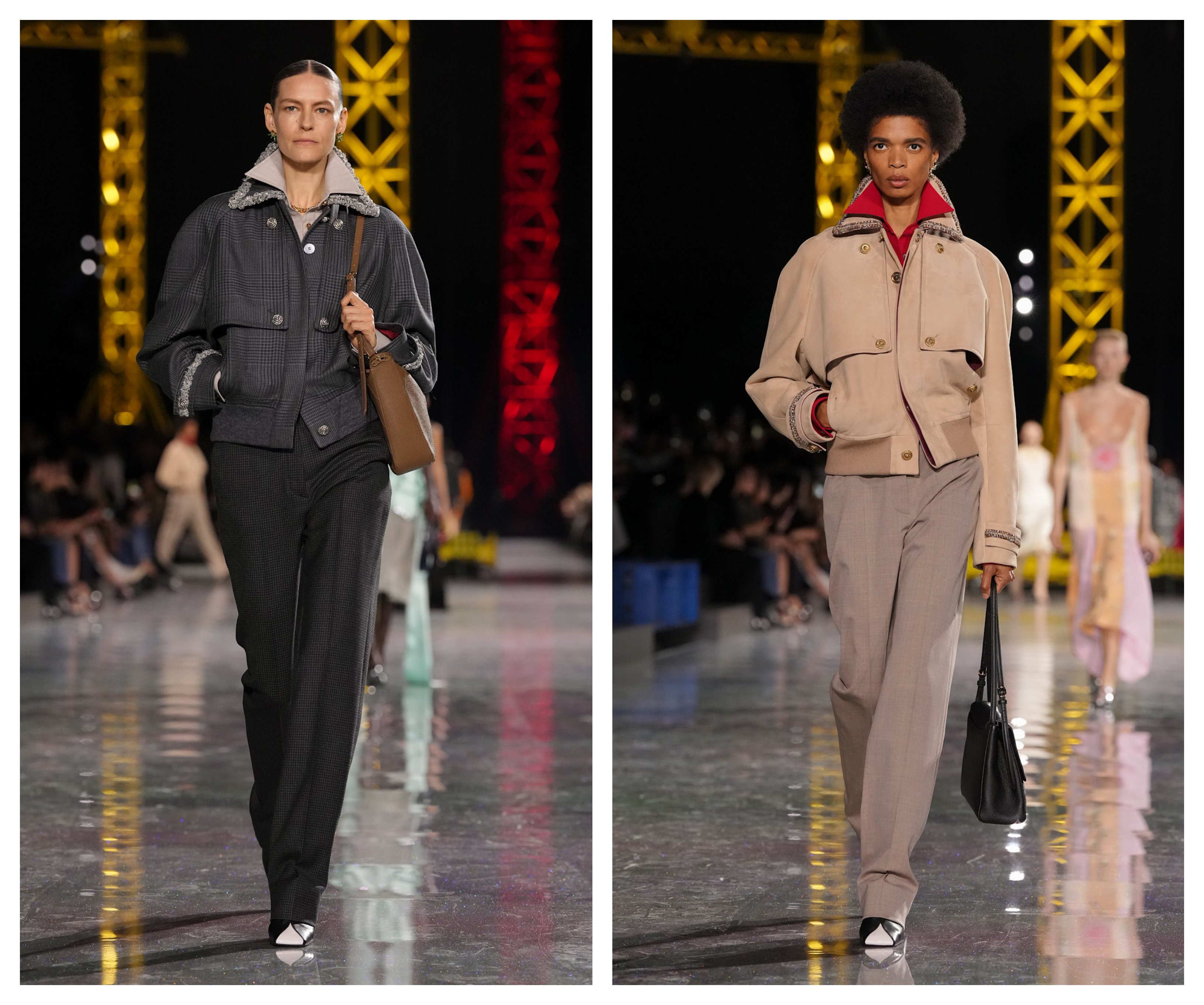 models on the Fall 2026 Chanel runway carrying commuter bags with jackets and trousers