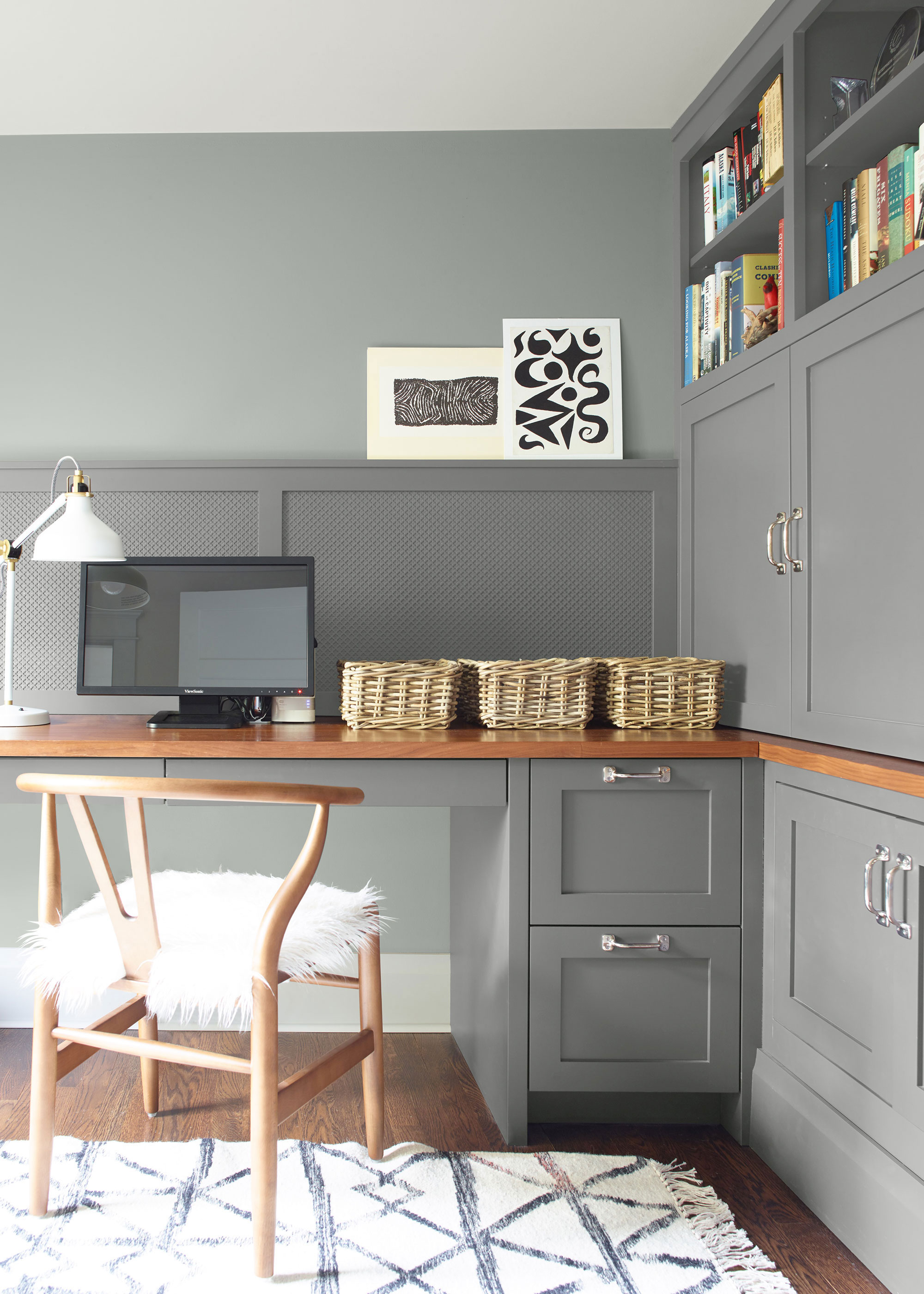 grey home office with built-in bespoke office storage