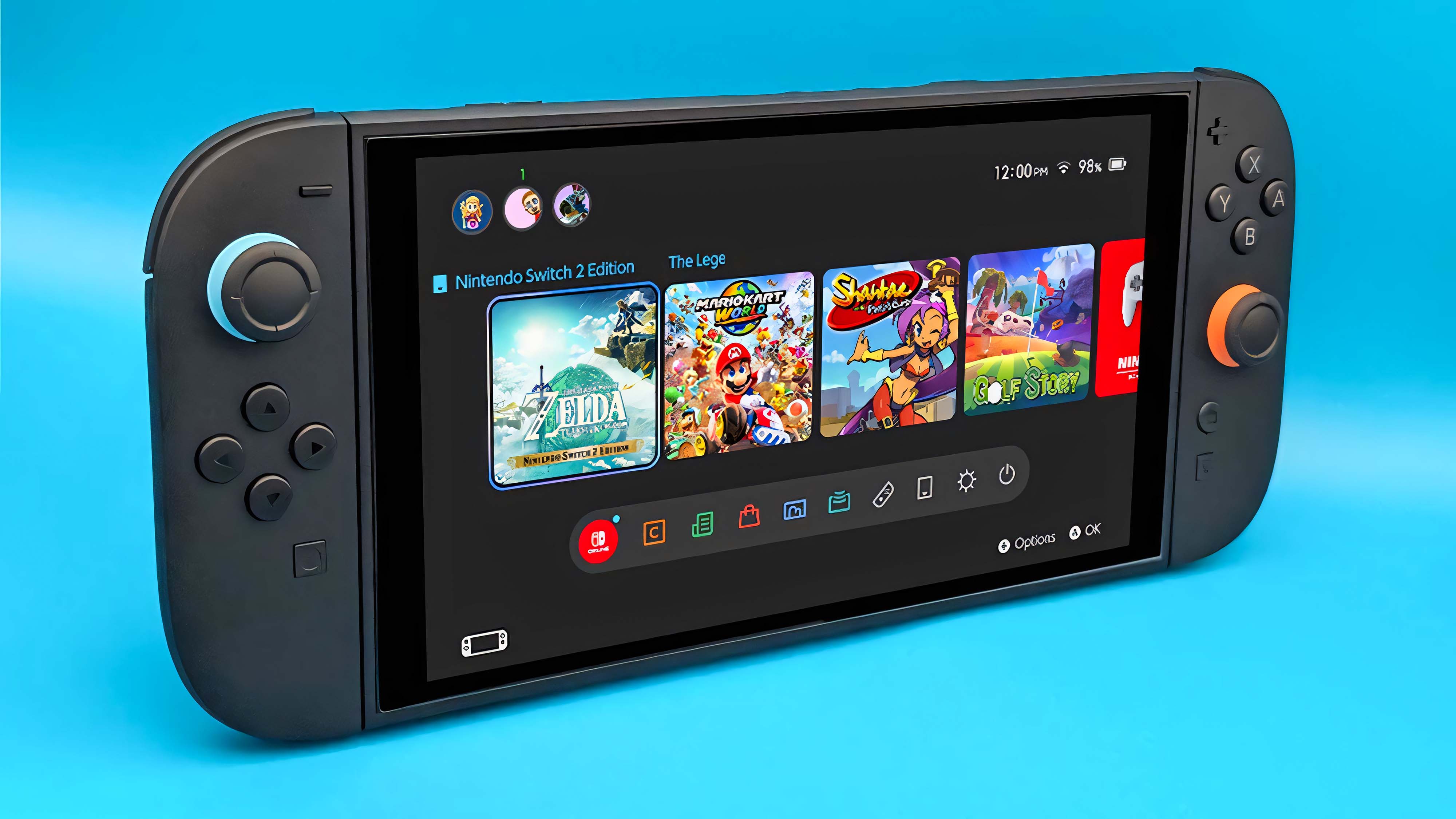 Nintendo Switch 2 displaying the home screen and on a blue background.