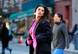 Emily Ratajkowski is seen filming for 'Maybelline' commercial on December 14, 2023 in New York City.