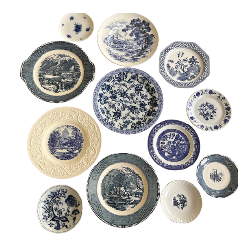 Mismatched Floral Transferware Plates- Set of 12 Vintage Wall Decor