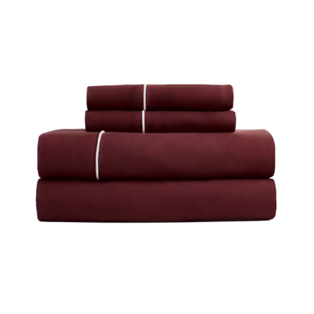 European Linen Piped Sheet Set in Burgundy/white