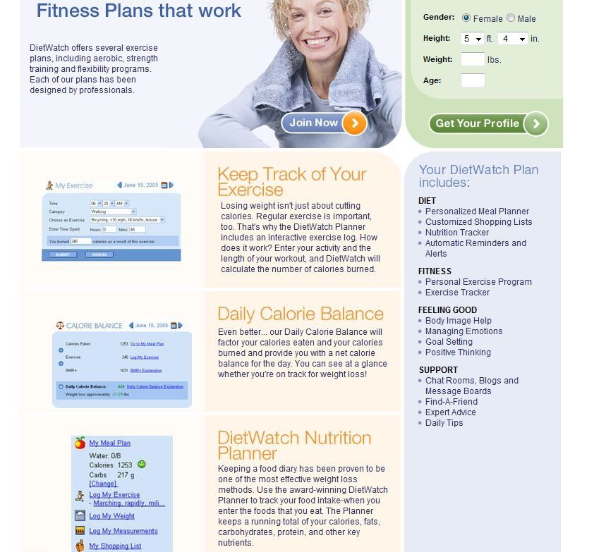 This image shows the fitness options available on DietWatch. Track exercise, get a daily calorie balance, and plan for nutrition.