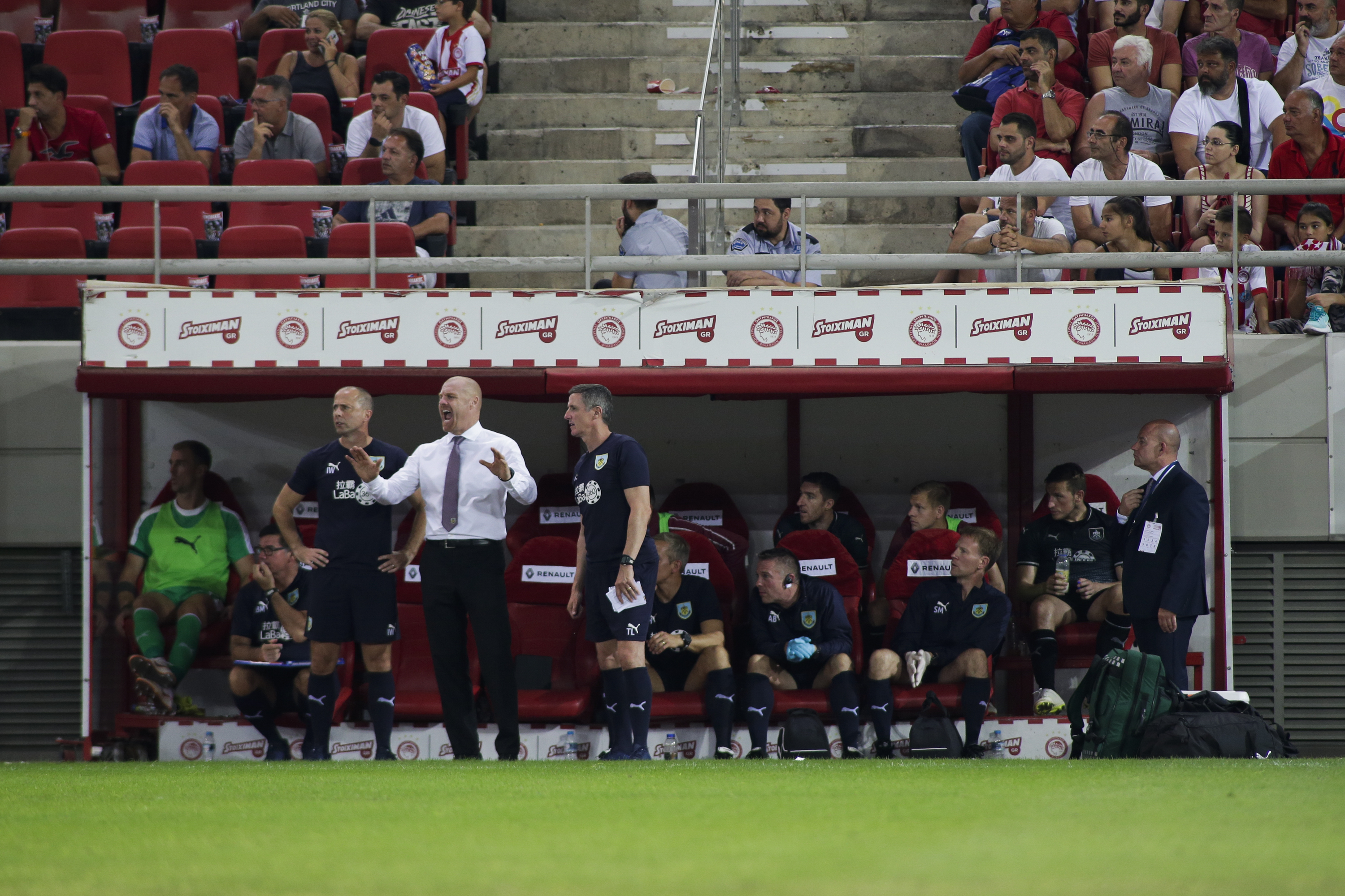 PIRAEUS, GREECE - AUGUST 23: The bench of Burnley FC team during the Europa League - Qualifying Play-Offs - 1st Leg match between Olympiacos FC and Burnley FC at Karaiskakis Stadium on August 23, 2018 in Piraeus, Greece. (Photo by MB Media/Getty Images)