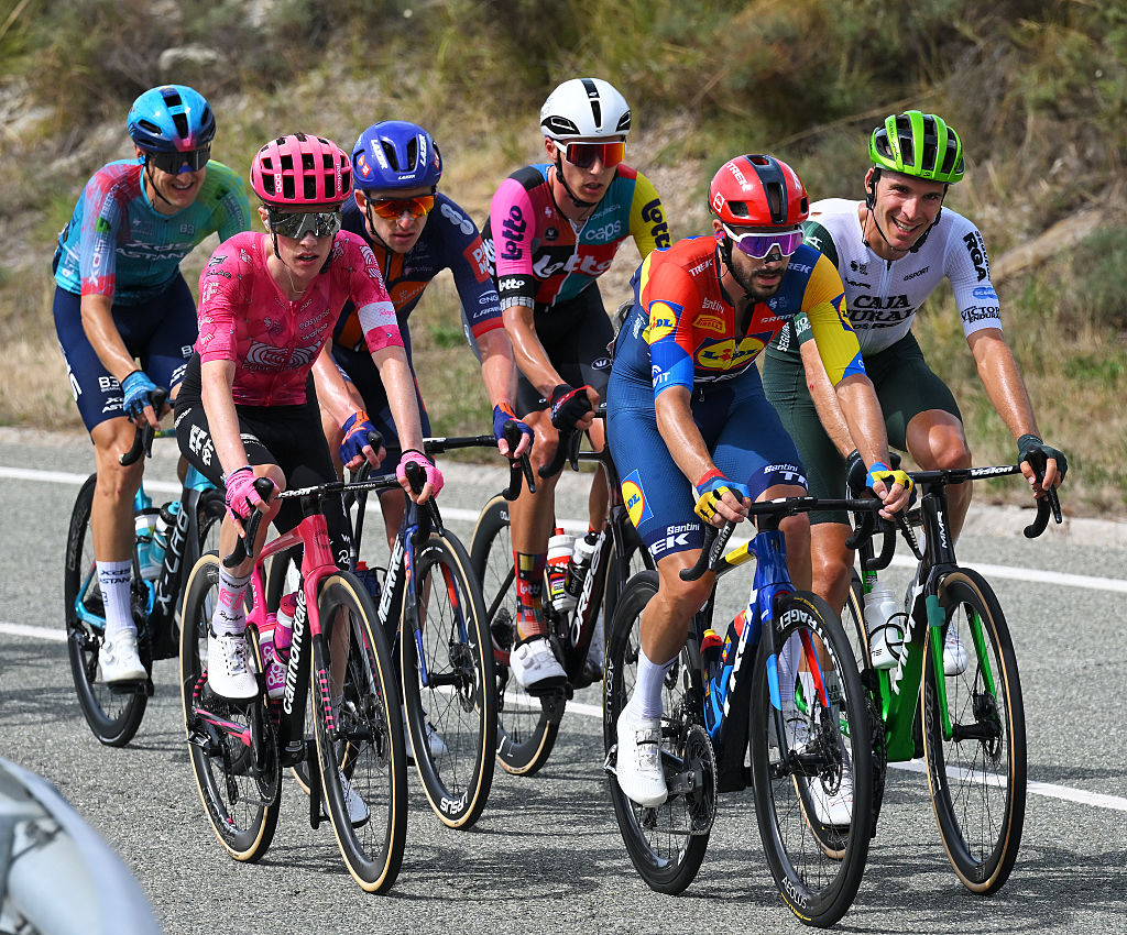 EL FERIAL LARRA BELAGUA, SPAIN - AUGUST 02: (L-R) Archie Ryan of Ireland and Team EF Education - EasyPost, Julien Bernard of France and Team Lidl - Trek and Abel Balderstone of Spain and Team Caja Rural - Seguros RGA compete in the breakaway during the La Vuelta - 80th Tour of Spain 2025, Stage 10 a 175.3km stage from Parque de la Naturaleza Sendaviva to El Ferial Larra Belagua 1585m / #UCIWT / on September 02, 2025 in El Ferial Larra Belagua, Spain. (Photo by Tim de Waele/Getty Images)