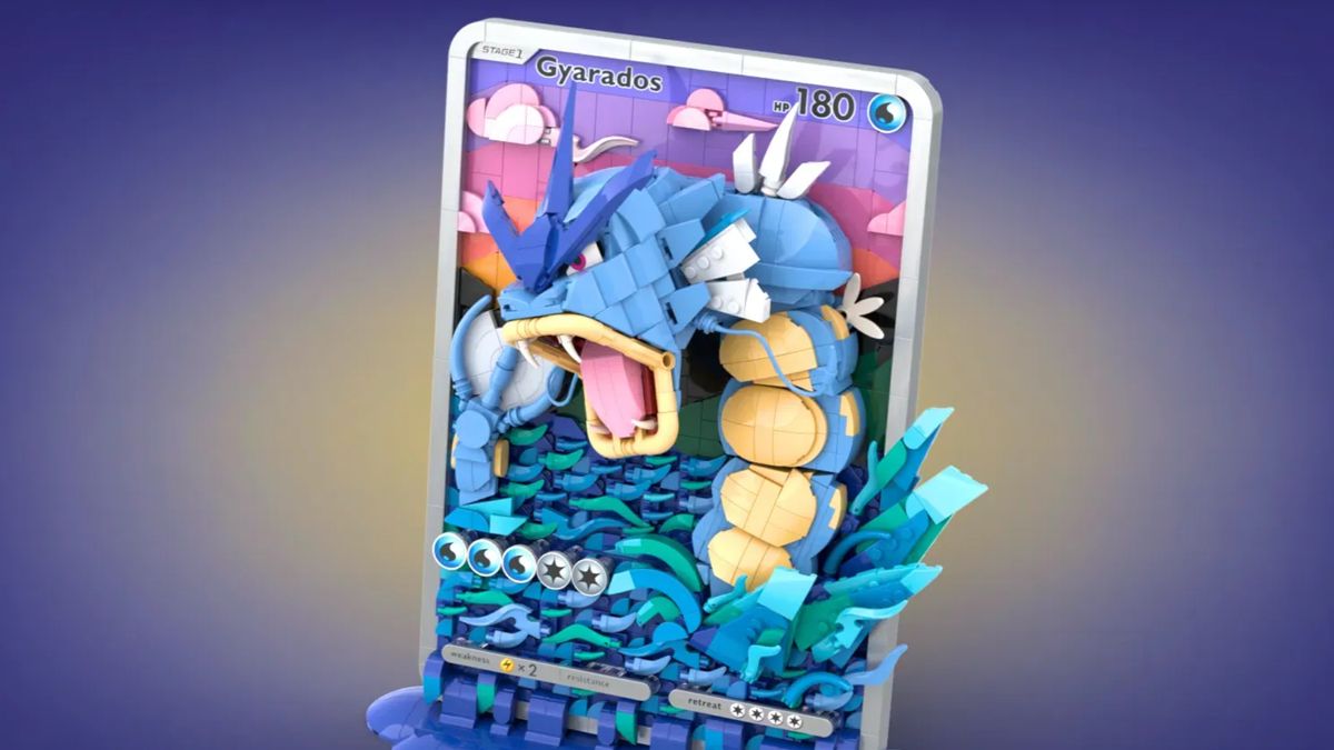 Lego Gyarados card on a purple background