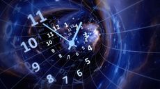 An illustration of time, space-time, with a clock and a cosmic background.