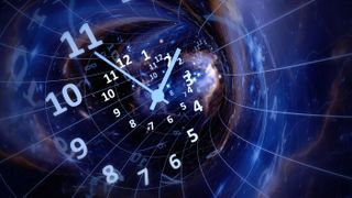 An illustration of time, space-time, with a clock and a cosmic background.