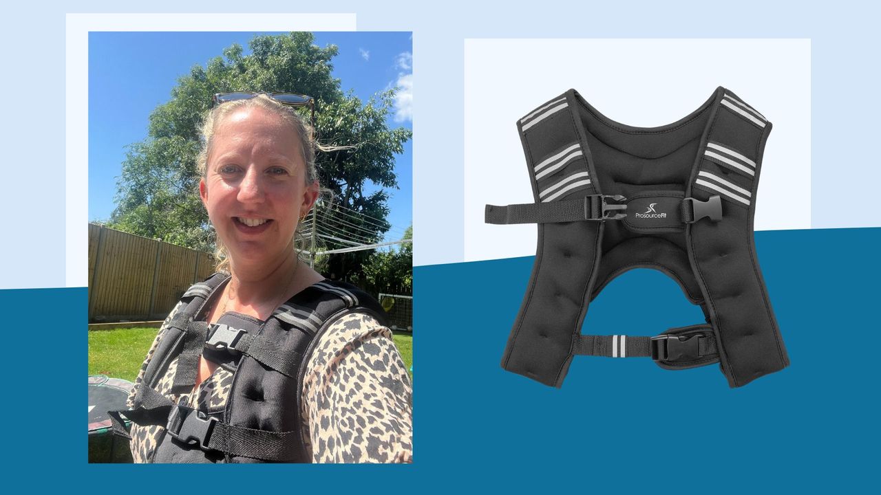 Kat Storr wearing a weighted vest for walking in garden sunshine, smiling, next to product image of her vest