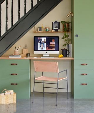 Home office under stairs with Ikea Metod cabinets