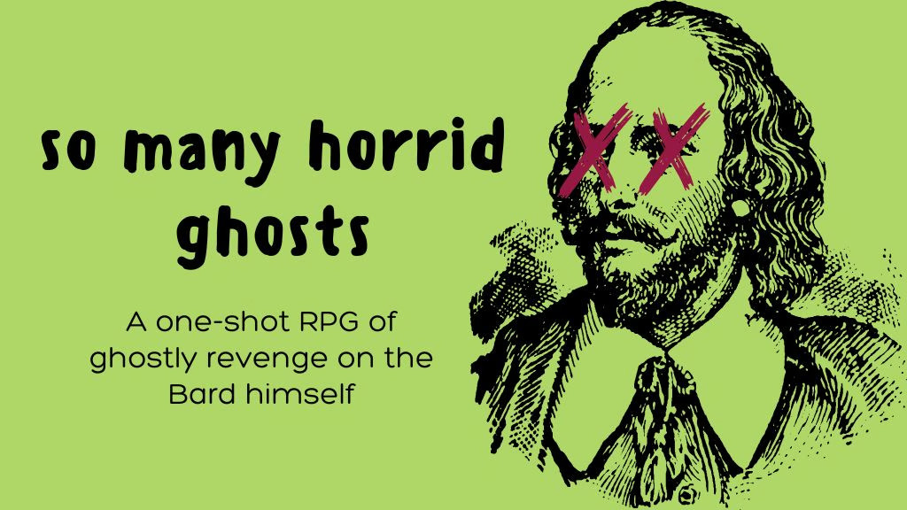 A drawing of Shakespeare with his eyes crossed out in red from So Many Horrid Ghosts.