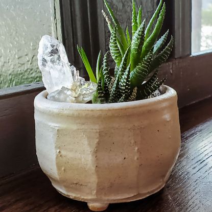 Pot of succulents and crystals sitting on wooden countertop by windows - perspective and room for copy