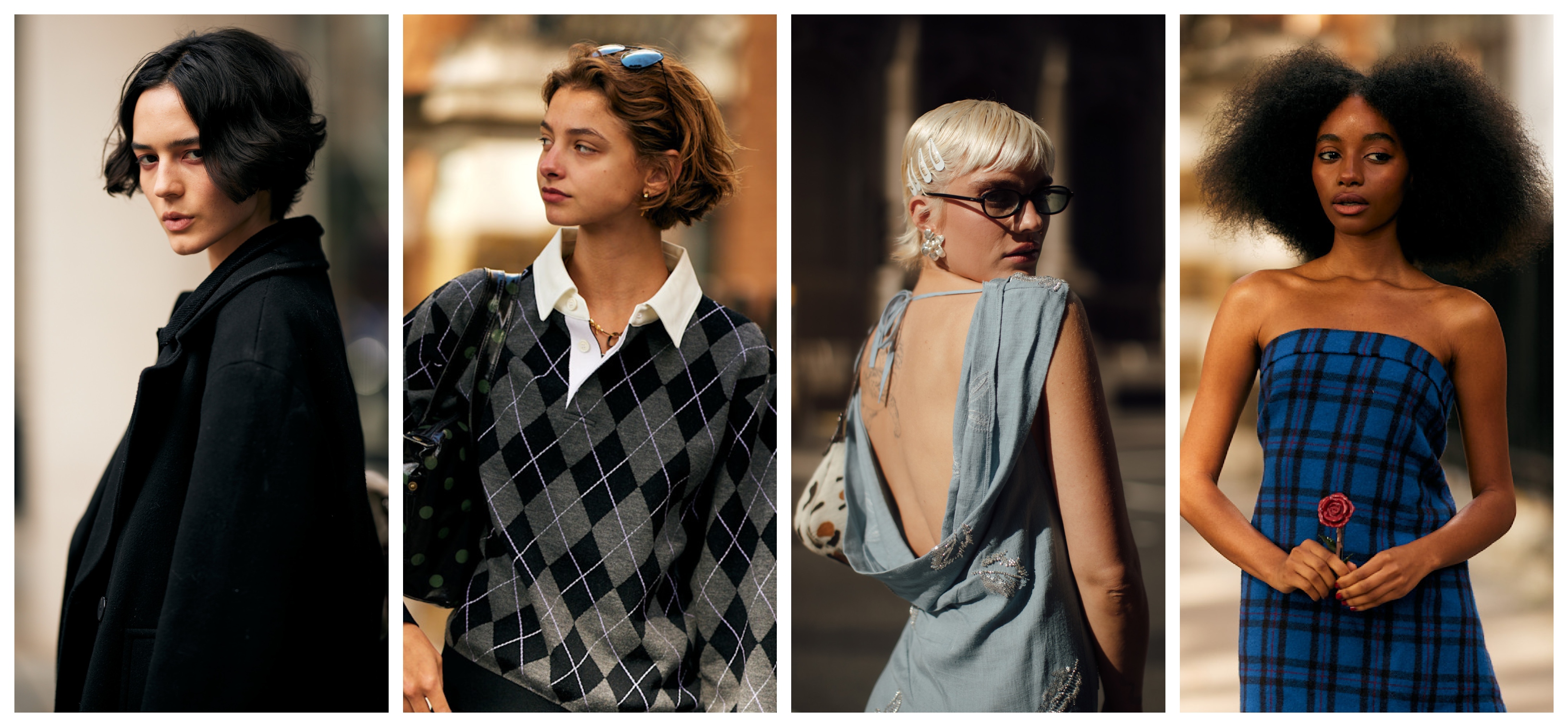 four women in a grid pattern with short bob haircuts