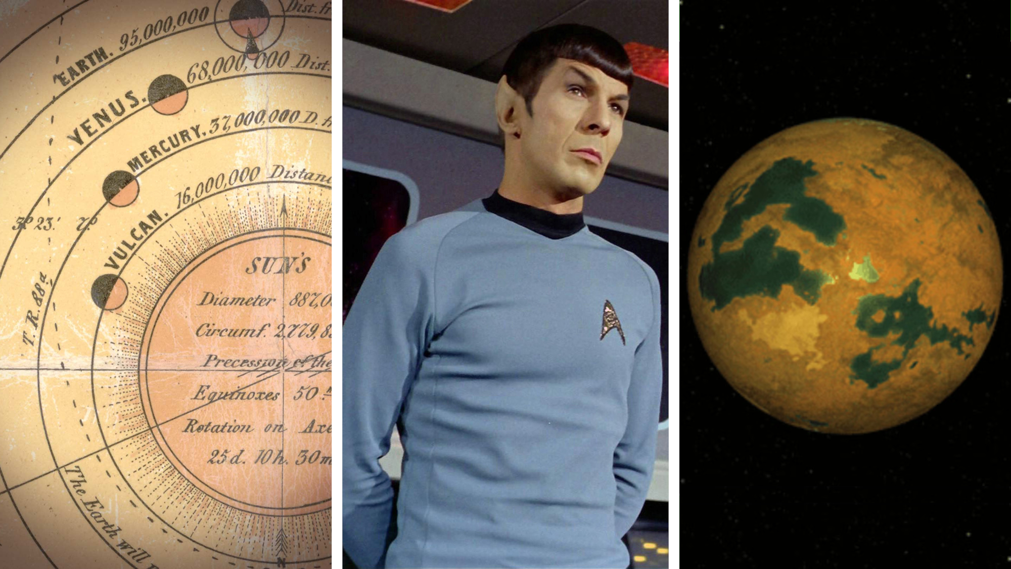 A split image showing: Vulcan in a lithographic map from 1846 (L), Spock from Star Trek (M), and an illustration of the planet Vulcan previously theorised to orbit 40 Eridani A .