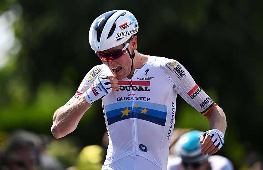 CHATEAUROUX, FRANCE - JULY 13: Tim Merlier of Belgium and Team Soudal Quick-Step celebrates at finish line as stage winner ahead of Jonathan Milan of Italy and Team Lidl - Trek - Green Sprint Jersey during the 112th Tour de France 2025, Stage 9 a 174.1km stage from Chinon to Chateauroux ) / #UCIWT / on July 13, 2025 in Chateauroux, France. (Photo by Tim de Waele/Getty Images)