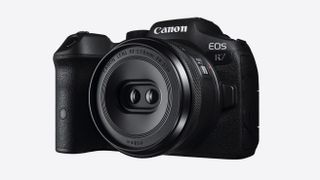 The Canon RF-S 7.8mm f/4 STM Dual lens, on a Canon EOS R7, against a white background