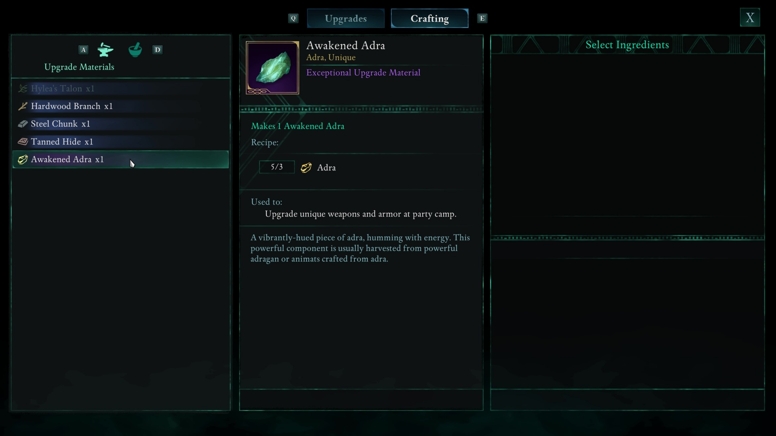 Avowed upgrade weapons and armour - The crafting interface shows how to improve the quality of materials.