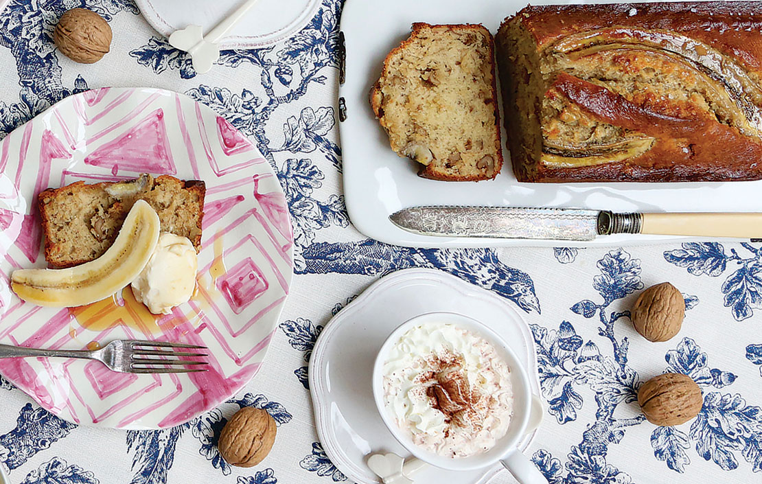 Banana, walnut and salted maple-syrup loaf, served with maple mascarpone