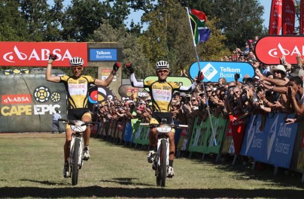 Christoph Sauser of 36One-Songo-Specialized and Burry Stander of 36One-Songo-Specialized celebrate after winning