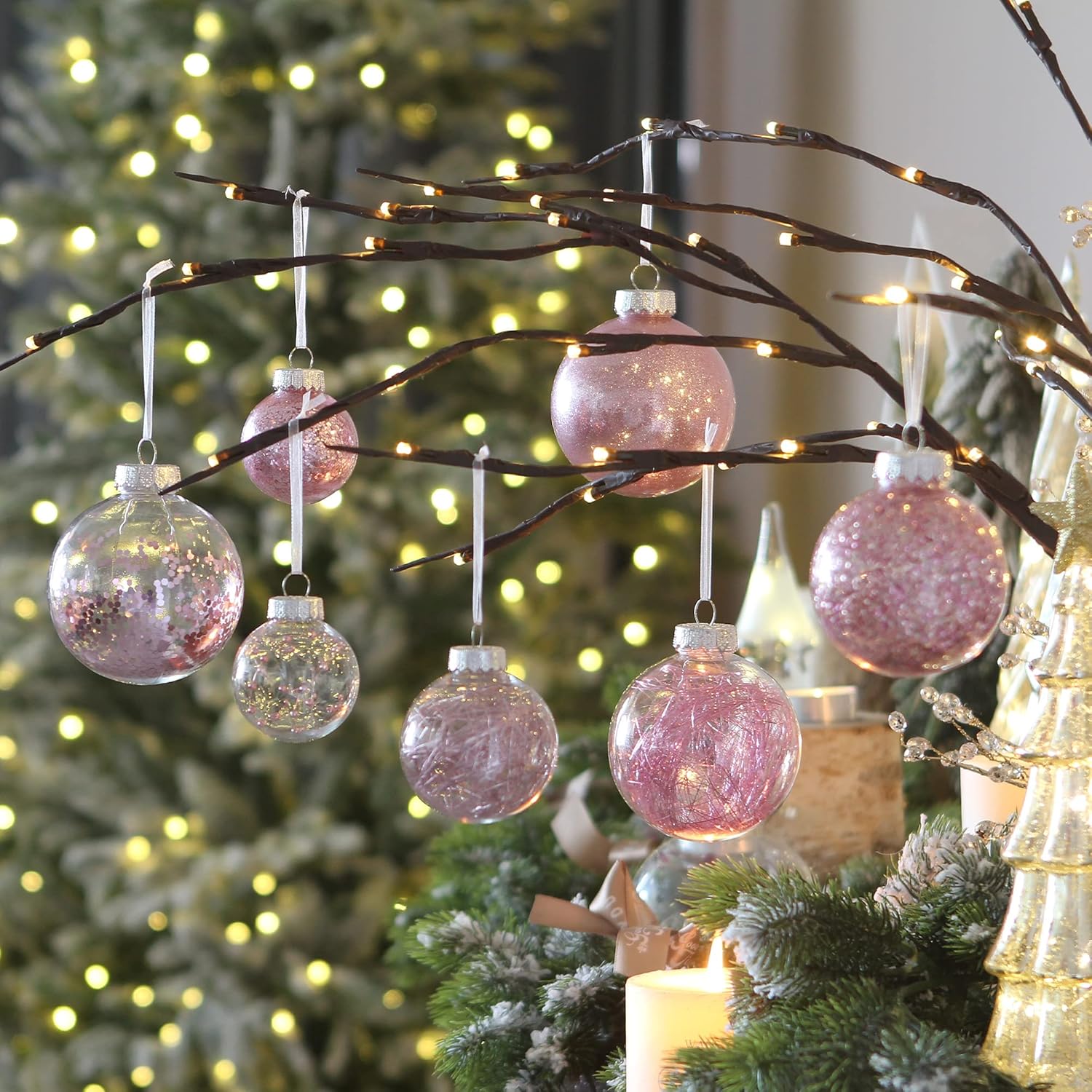 Sea Team 60mm/2.36&quot; Shatterproof Clear Plastic Christmas Tree Ball Ornaments Set, Decorative Hanging Transparent Xmas Baubles With Stuffed Delicate Decorations (30 Counts, Pink)