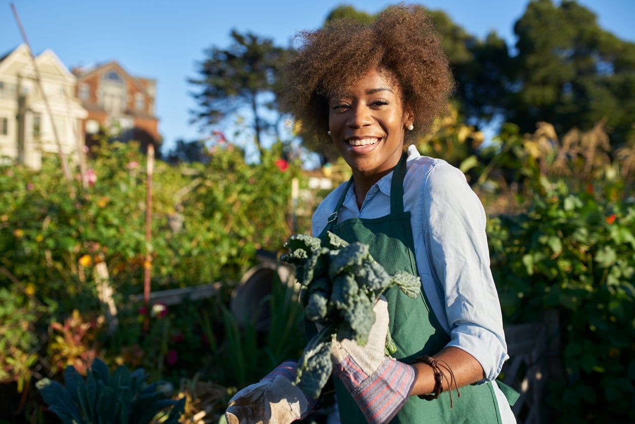 Woman Holding Green Leafy Vegetables In The Garden