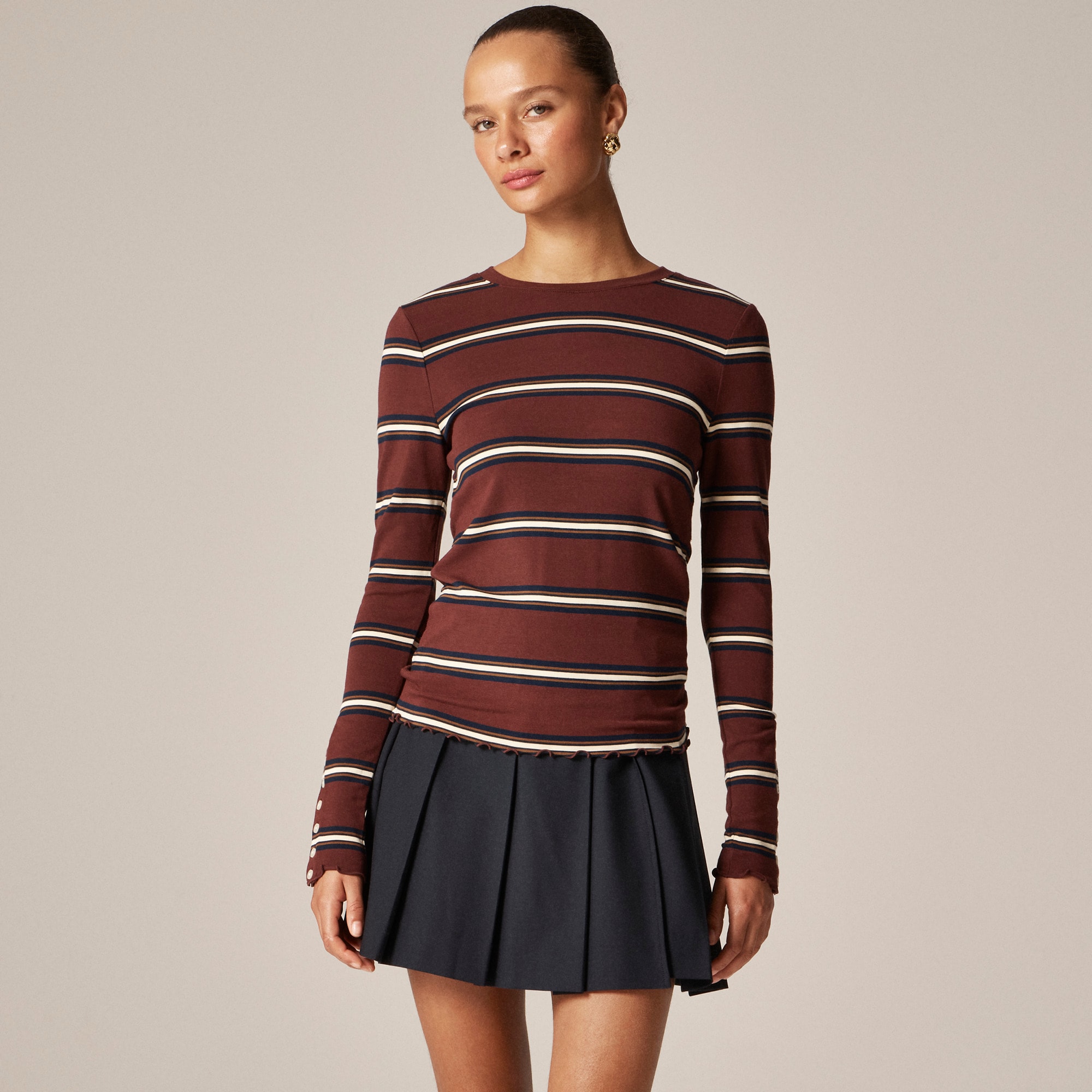 Refined Rib Long-Sleeve T-Shirt With Button Cuffs in Stripe