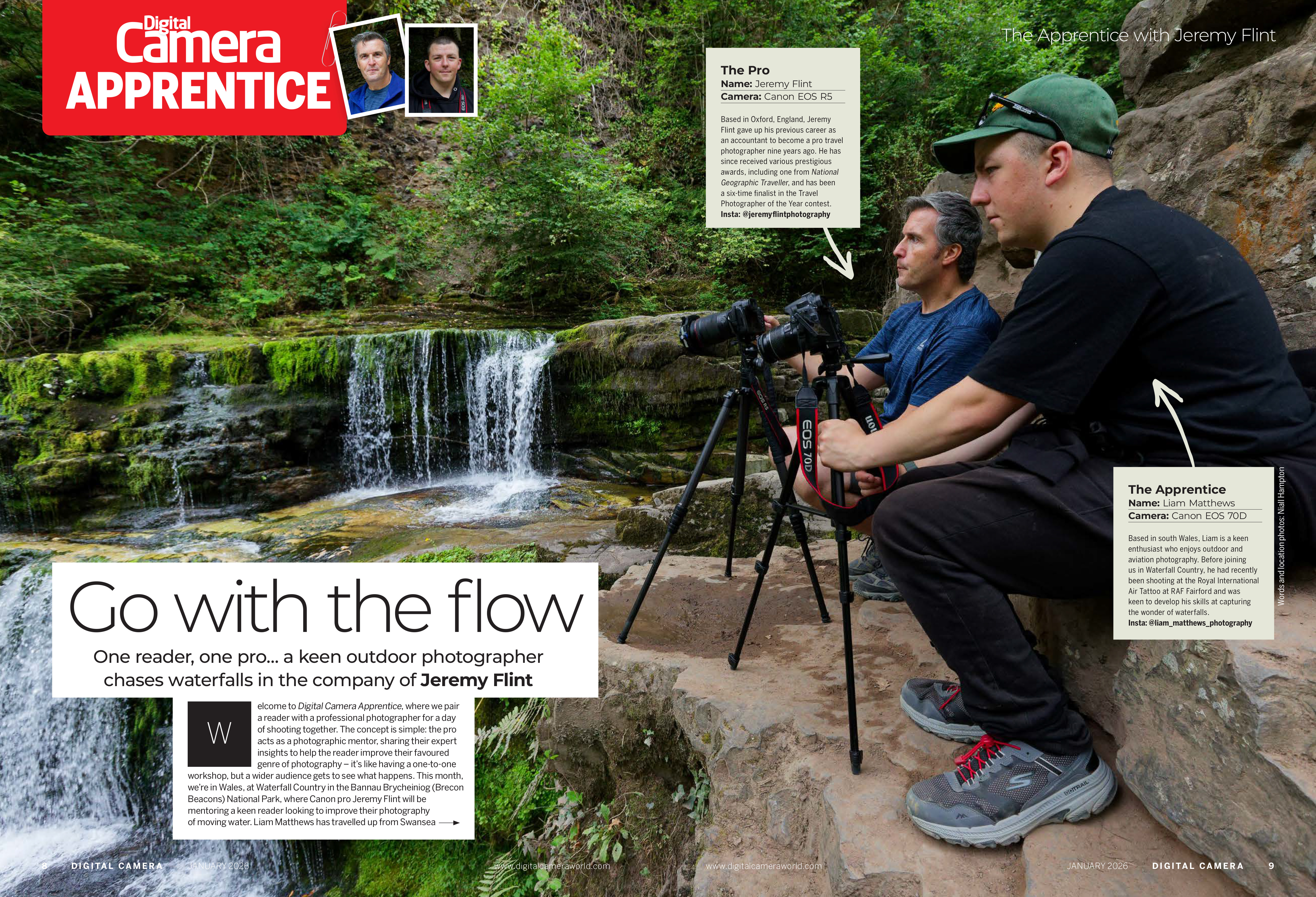 Image showing the first two pages of the Apprentice article in issue 302 (January 2026) of Digital Camera magazine, photographing waterfalls in the Brecon Beacons National Park in Wales